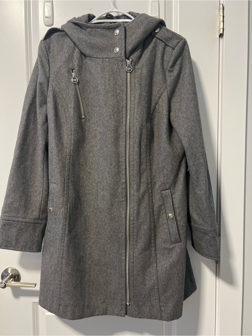 MICHAEL Michael Kors Charcoal Gray Hooded Wool-Blend Asymmetrical Zip Coat